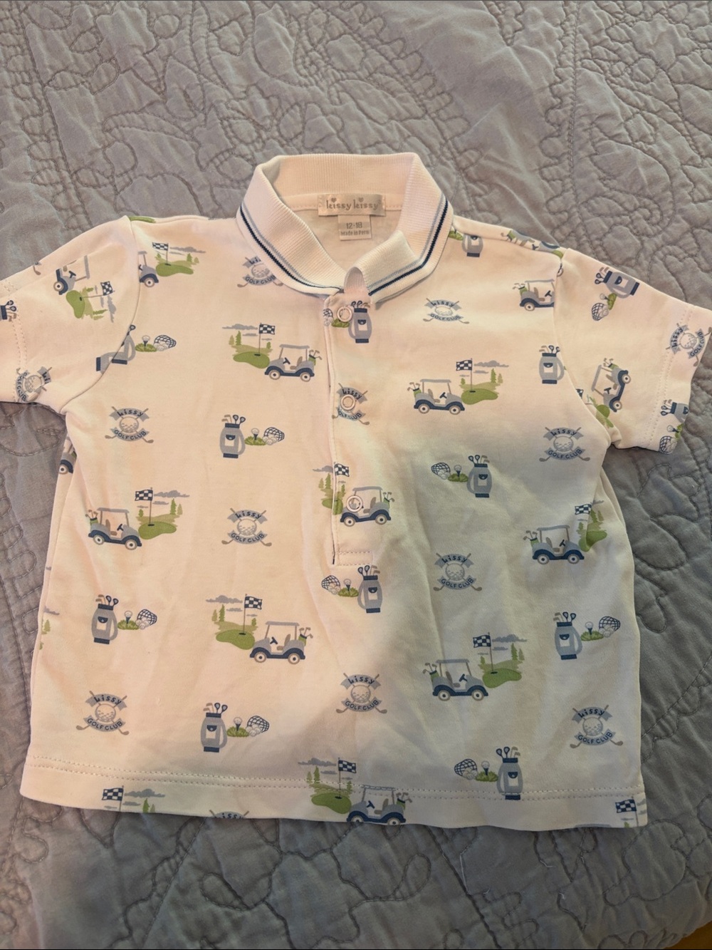 Kissy Kissy White Polo Top with Blue & Green Golf Cart Print